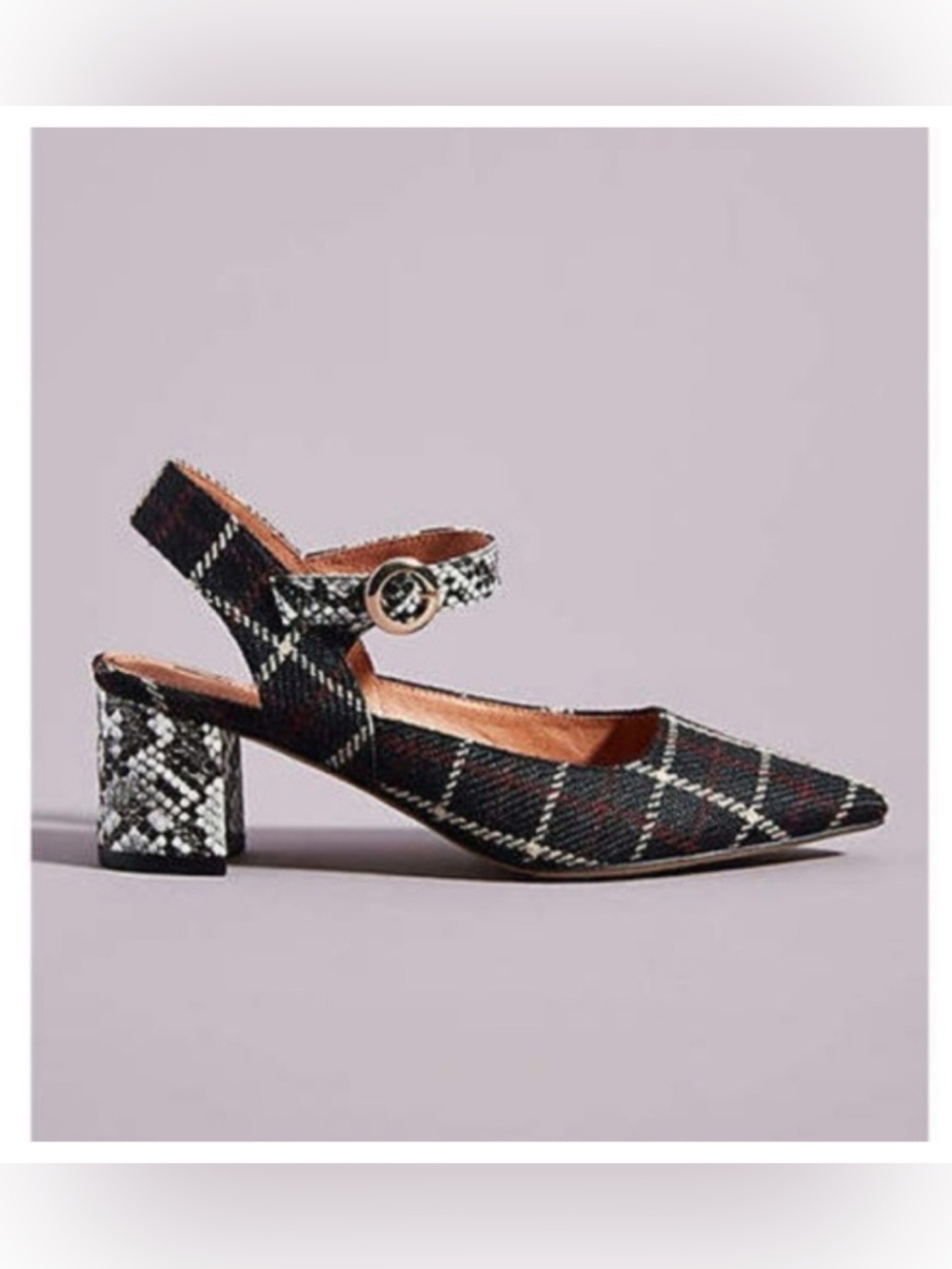 Anthropologie Black Plaid Pointed Slingback Block Heel Matiko Mary Jane size 38